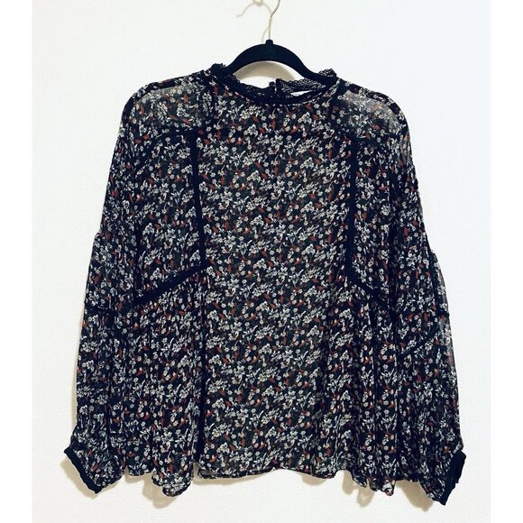 Zara Top Womens Large Black Floral Chiffon Pleated Puffy Sleeve Sheer Romantic - Picture 1 of 7